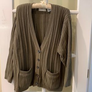 Talbots petites olive green Vee Neck cable knit cardigan PM EUC